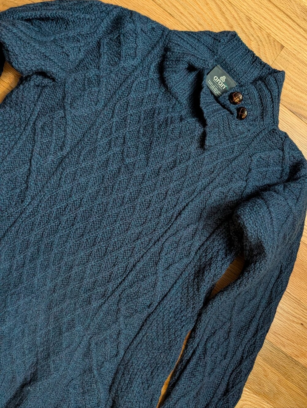 Aran Woollen Mills Merino Wool Cable Knit Button Collar Sweater XS Ireland Blue